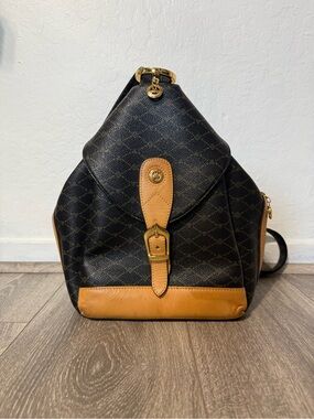 Black & Tan Patterned Women's Backpack with Leather Trim